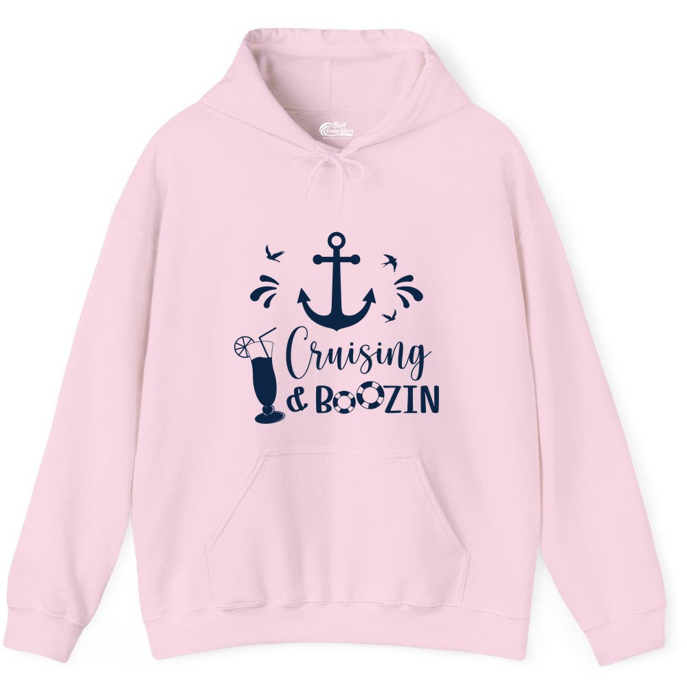 Cruise Drinking Shirt - Funny Nautical Booze Cruise Party Apparel (Hoodie) in Light Pink - Cruising and Boozin Nautical Party Shirt with Anchor and Cocktail Art