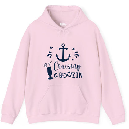 Cruise Drinking Shirt - Funny Nautical Booze Cruise Party Apparel (Hoodie) in Light Pink - Cruising and Boozin Nautical Party Shirt with Anchor and Cocktail Art