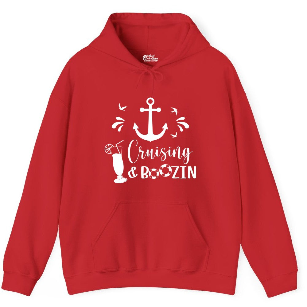 Cruise Drinking Shirt - Funny Nautical Booze Cruise Party Apparel (Hoodie) in Red - Cruising and Boozin Nautical Party Shirt with Anchor and Cocktail Art
