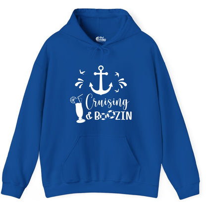 Cruise Drinking Shirt - Funny Nautical Booze Cruise Party Apparel (Hoodie) in Royal - Cruising and Boozin Nautical Party Shirt with Anchor and Cocktail Art