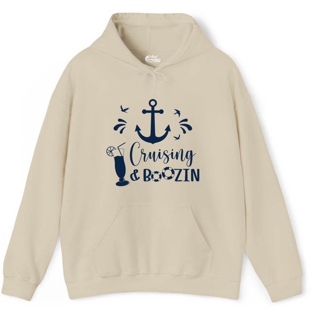 Cruise Drinking Shirt - Funny Nautical Booze Cruise Party Apparel (Hoodie) in Sand - Cruising and Boozin Nautical Party Shirt with Anchor and Cocktail Art