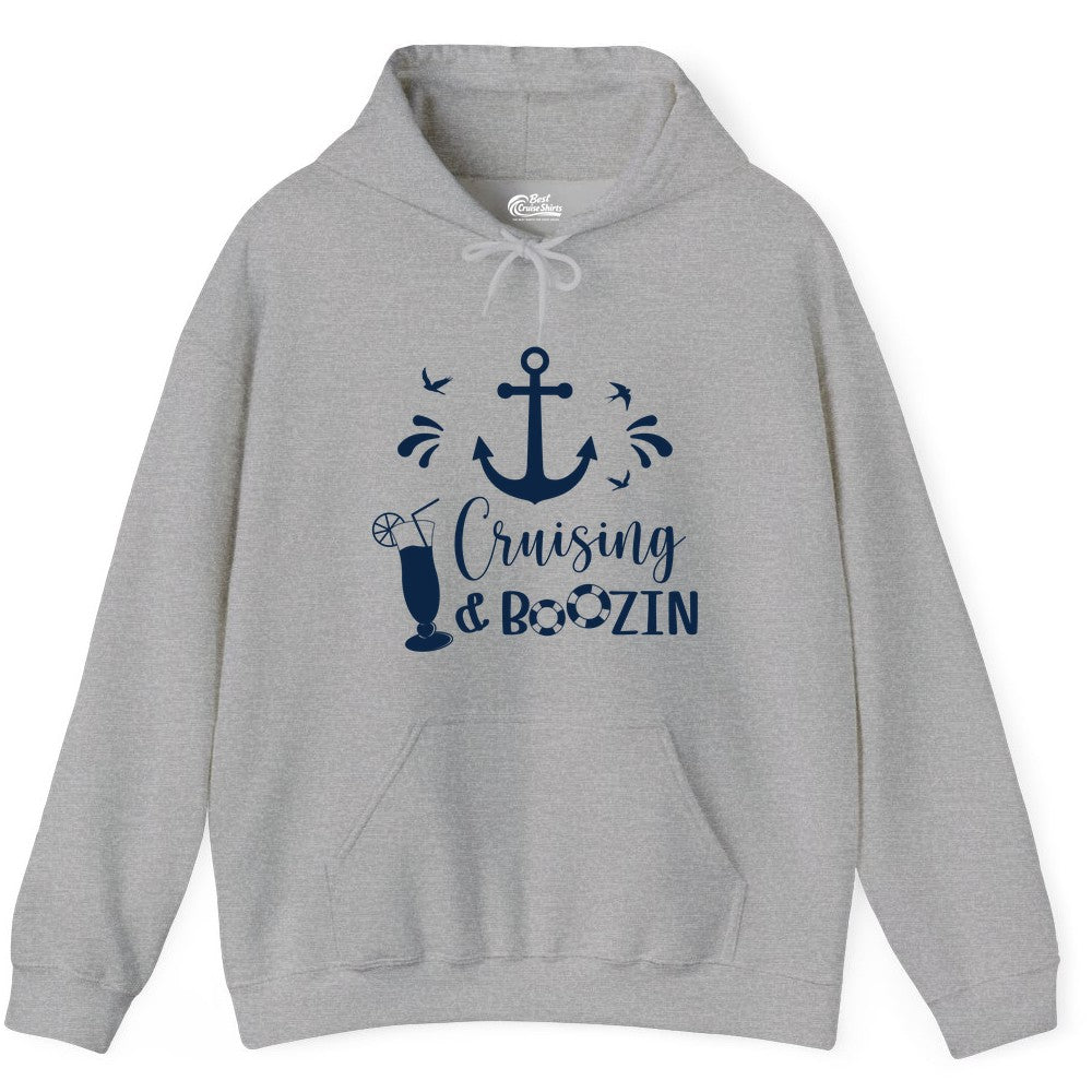 Cruise Drinking Shirt - Funny Nautical Booze Cruise Party Apparel (Hoodie) in Sport Grey - Cruising and Boozin Nautical Party Shirt with Anchor and Cocktail Art
