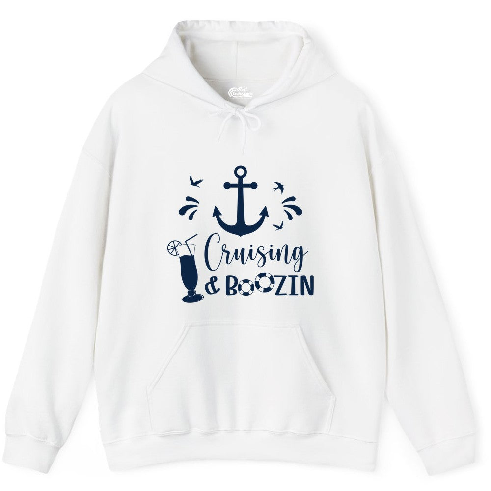 Cruise Drinking Shirt - Funny Nautical Booze Cruise Party Apparel (Hoodie) in White - Cruising and Boozin Nautical Party Shirt with Anchor and Cocktail Art