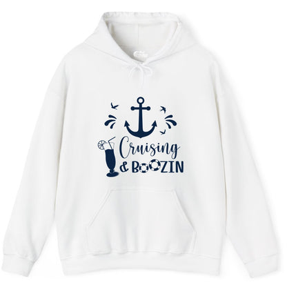 Cruise Drinking Shirt - Funny Nautical Booze Cruise Party Apparel (Hoodie) in White - Cruising and Boozin Nautical Party Shirt with Anchor and Cocktail Art