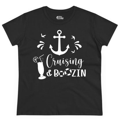 Cruise Drinking Shirt - Funny Nautical Booze Cruise Party Apparel (Ladies Tee) in Black - Cruising and Boozin Nautical Party Shirt with Anchor and Cocktail Art