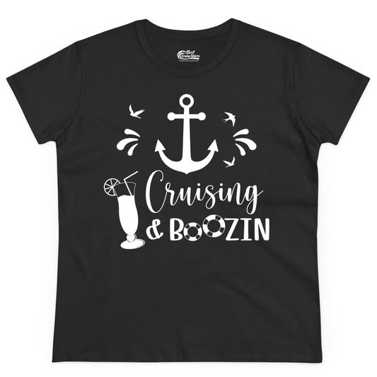 Cruise Drinking Shirt - Funny Nautical Booze Cruise Party Apparel (Ladies Tee) in Black - Cruising and Boozin Nautical Party Shirt with Anchor and Cocktail Art