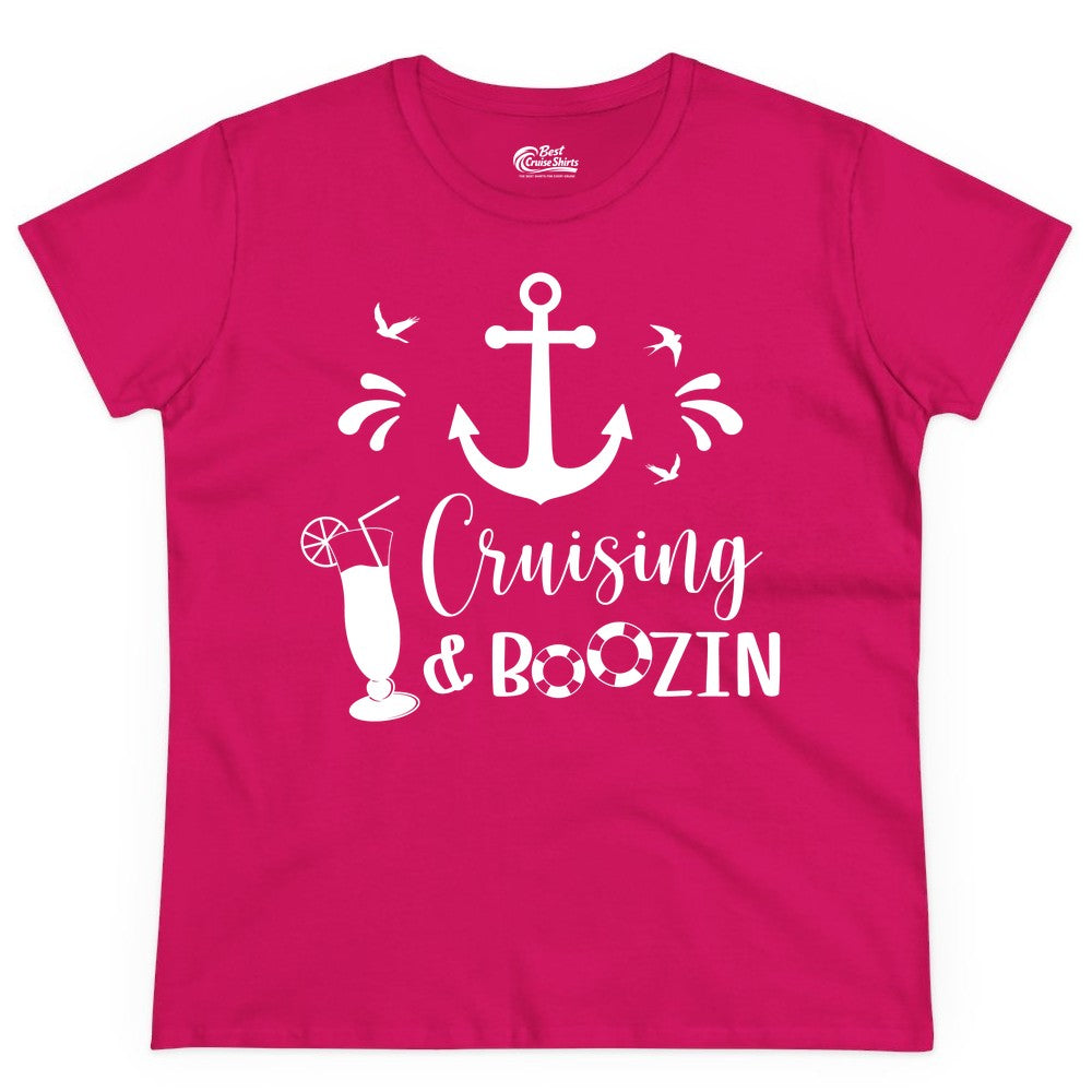 Cruise Drinking Shirt - Funny Nautical Booze Cruise Party Apparel (Ladies Tee) in Heliconia - Cruising and Boozin Nautical Party Shirt with Anchor and Cocktail Art