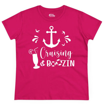 Cruise Drinking Shirt - Funny Nautical Booze Cruise Party Apparel (Ladies Tee) in Heliconia - Cruising and Boozin Nautical Party Shirt with Anchor and Cocktail Art