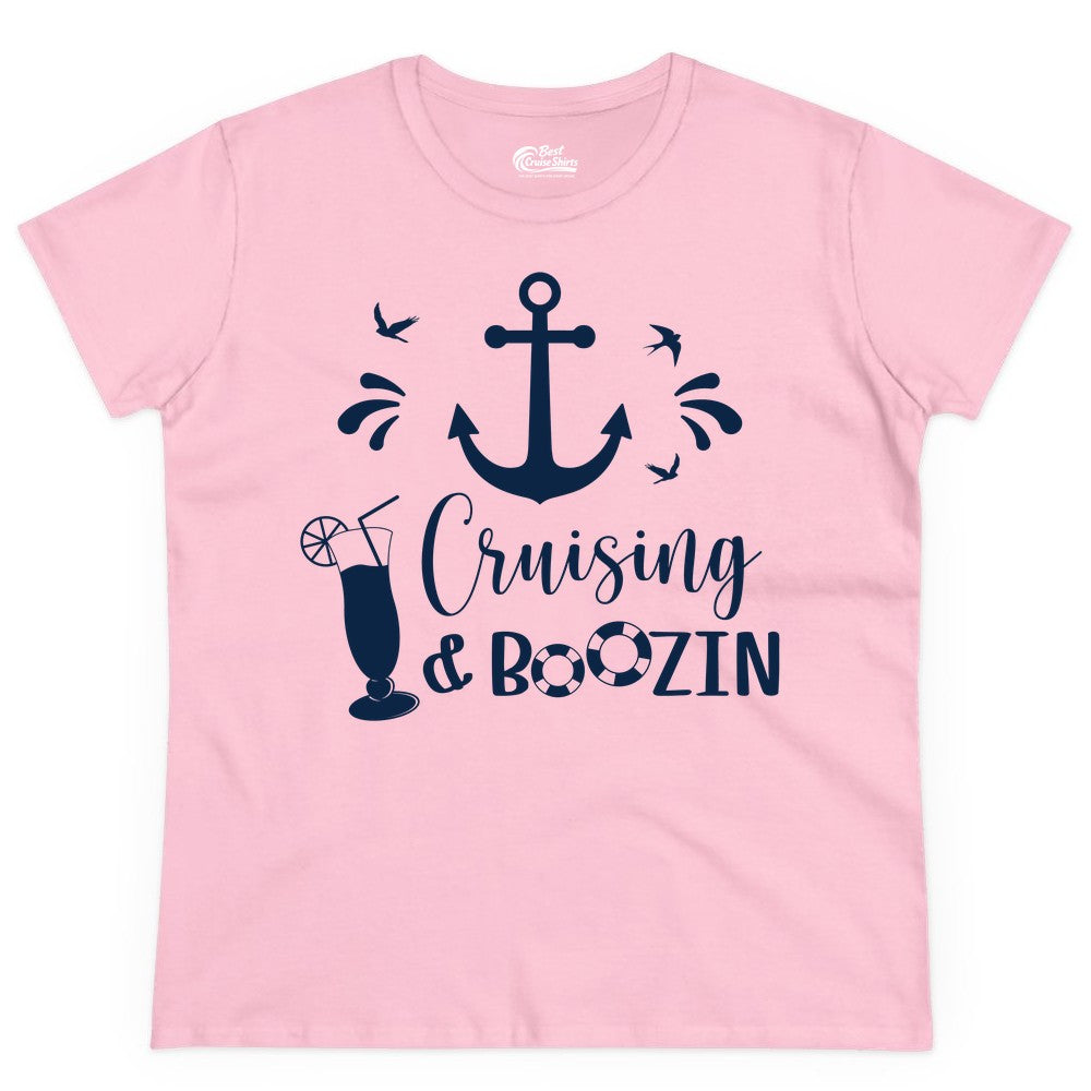 Cruise Drinking Shirt - Funny Nautical Booze Cruise Party Apparel (Ladies Tee) in Light Pink - Cruising and Boozin Nautical Party Shirt with Anchor and Cocktail Art
