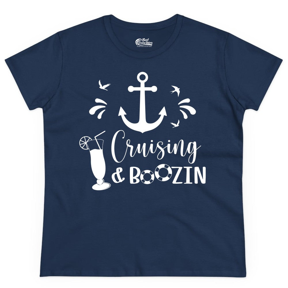 Cruise Drinking Shirt - Funny Nautical Booze Cruise Party Apparel (Ladies Tee) in Navy - Cruising and Boozin Nautical Party Shirt with Anchor and Cocktail Art