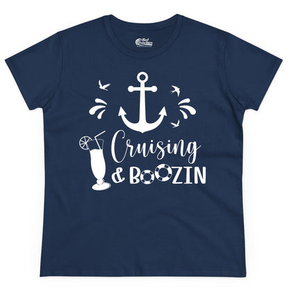 Cruise Drinking Shirt - Funny Nautical Booze Cruise Party Apparel (Ladies Tee) in Navy - Cruising and Boozin Nautical Party Shirt with Anchor and Cocktail Art