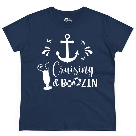 Cruise Drinking Shirt - Funny Nautical Booze Cruise Party Apparel (Ladies Tee) in Navy - Cruising and Boozin Nautical Party Shirt with Anchor and Cocktail Art
