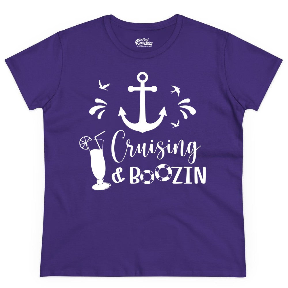 Cruise Drinking Shirt - Funny Nautical Booze Cruise Party Apparel (Ladies Tee) in Purple - Cruising and Boozin Nautical Party Shirt with Anchor and Cocktail Art