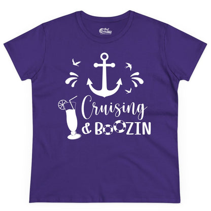Cruise Drinking Shirt - Funny Nautical Booze Cruise Party Apparel (Ladies Tee) in Purple - Cruising and Boozin Nautical Party Shirt with Anchor and Cocktail Art