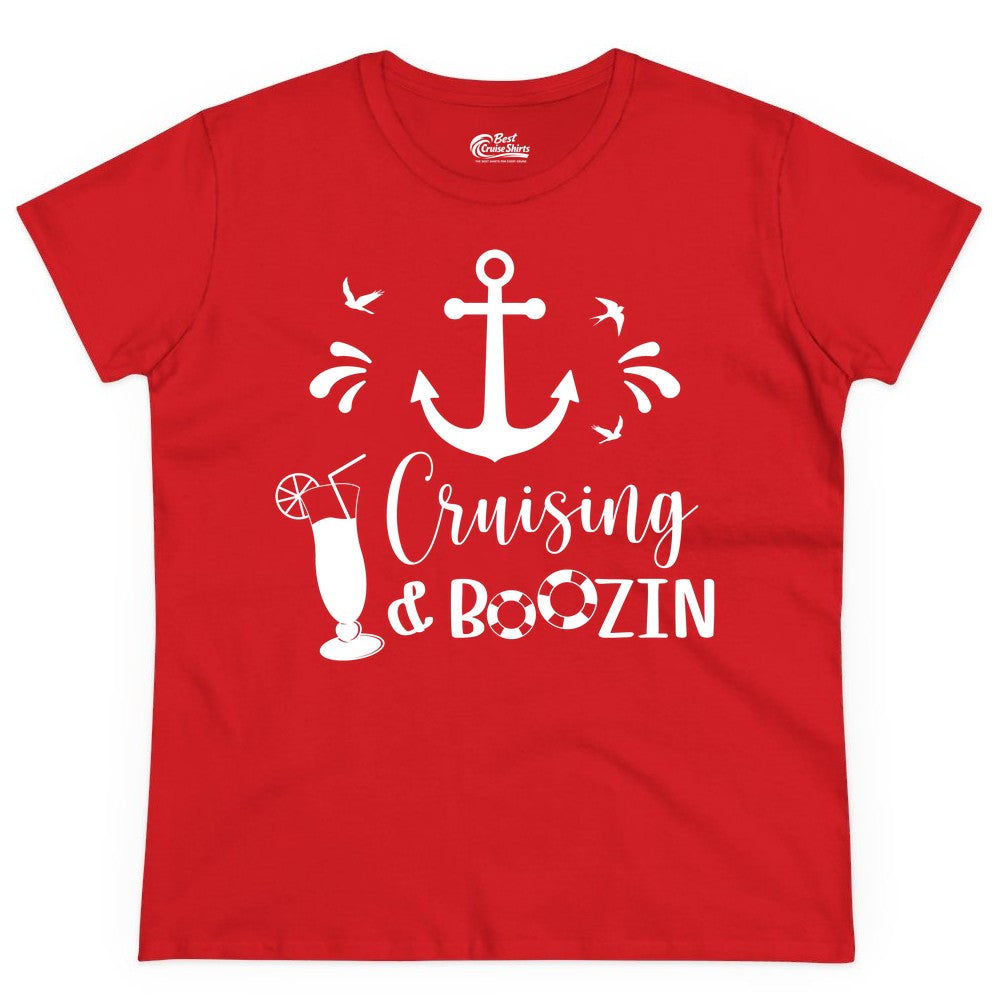 Cruise Drinking Shirt - Funny Nautical Booze Cruise Party Apparel (Ladies Tee) in Red - Cruising and Boozin Nautical Party Shirt with Anchor and Cocktail Art
