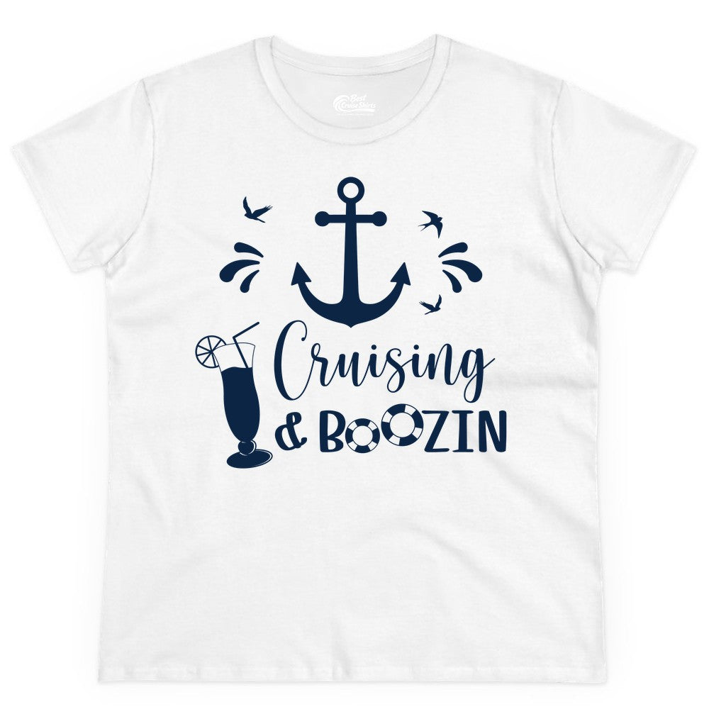 Cruise Drinking Shirt - Funny Nautical Booze Cruise Party Apparel (Ladies Tee) in White - Cruising and Boozin Nautical Party Shirt with Anchor and Cocktail Art
