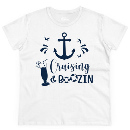 Cruise Drinking Shirt - Funny Nautical Booze Cruise Party Apparel (Ladies Tee) in White - Cruising and Boozin Nautical Party Shirt with Anchor and Cocktail Art