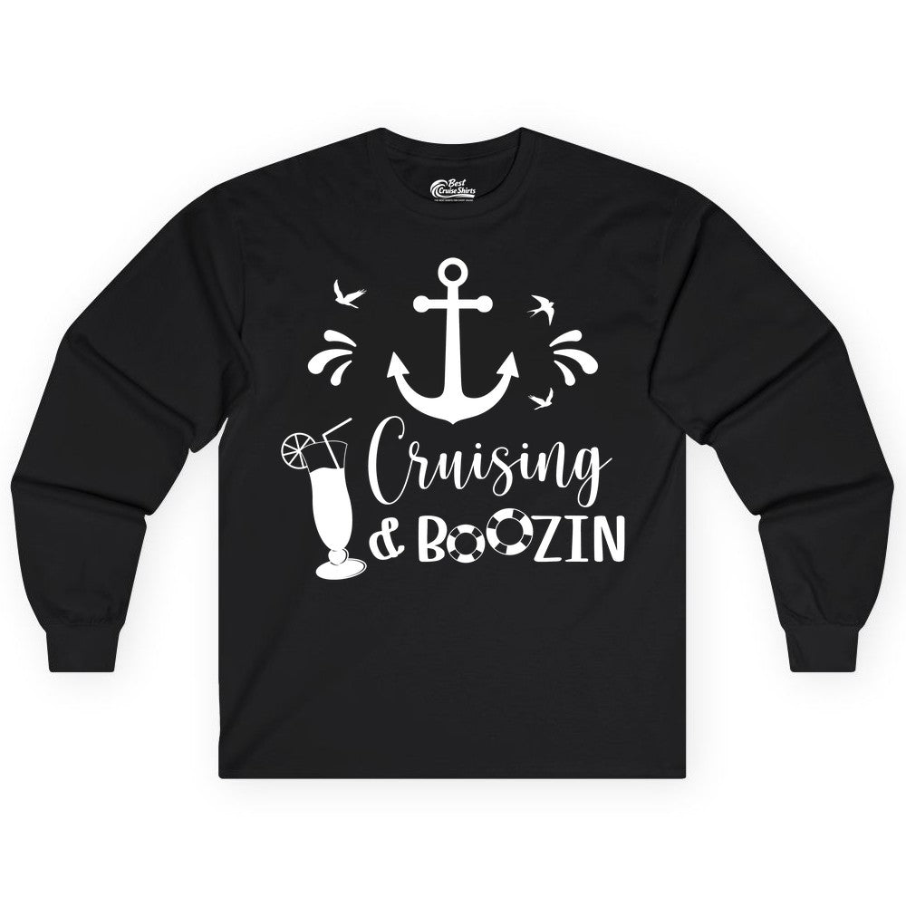 Cruise Drinking Shirt - Funny Nautical Booze Cruise Party Apparel (Long Sleeve) in Black - Cruising and Boozin Nautical Party Shirt with Anchor and Cocktail Art