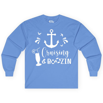Cruise Drinking Shirt - Funny Nautical Booze Cruise Party Apparel (Long Sleeve) in Carolina Blue - Cruising and Boozin Nautical Party Shirt with Anchor and Cocktail Art