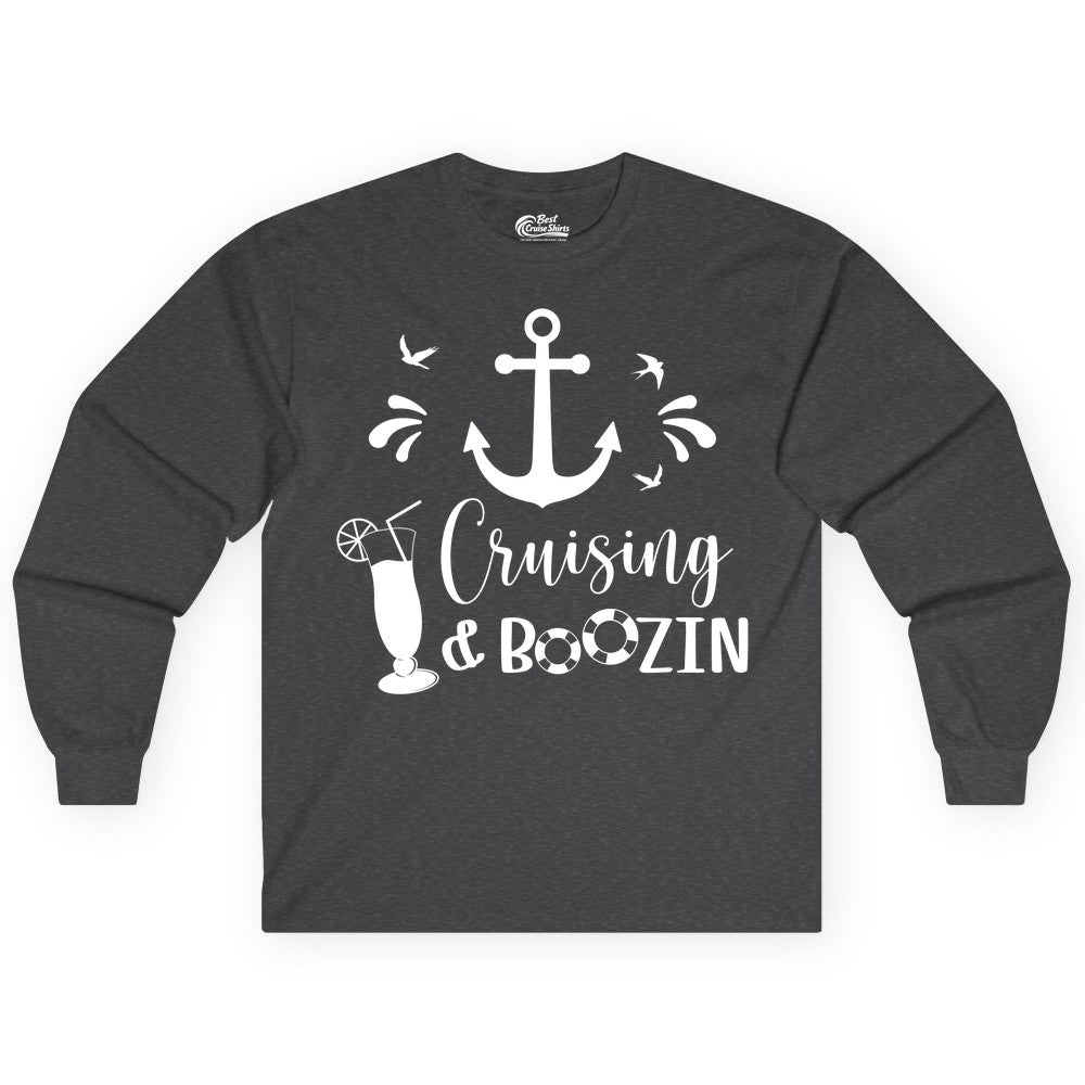 Cruise Drinking Shirt - Funny Nautical Booze Cruise Party Apparel (Long Sleeve) in Dark Heather - Cruising and Boozin Nautical Party Shirt with Anchor and Cocktail Art
