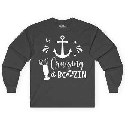 Cruise Drinking Shirt - Funny Nautical Booze Cruise Party Apparel (Long Sleeve) in Dark Heather - Cruising and Boozin Nautical Party Shirt with Anchor and Cocktail Art
