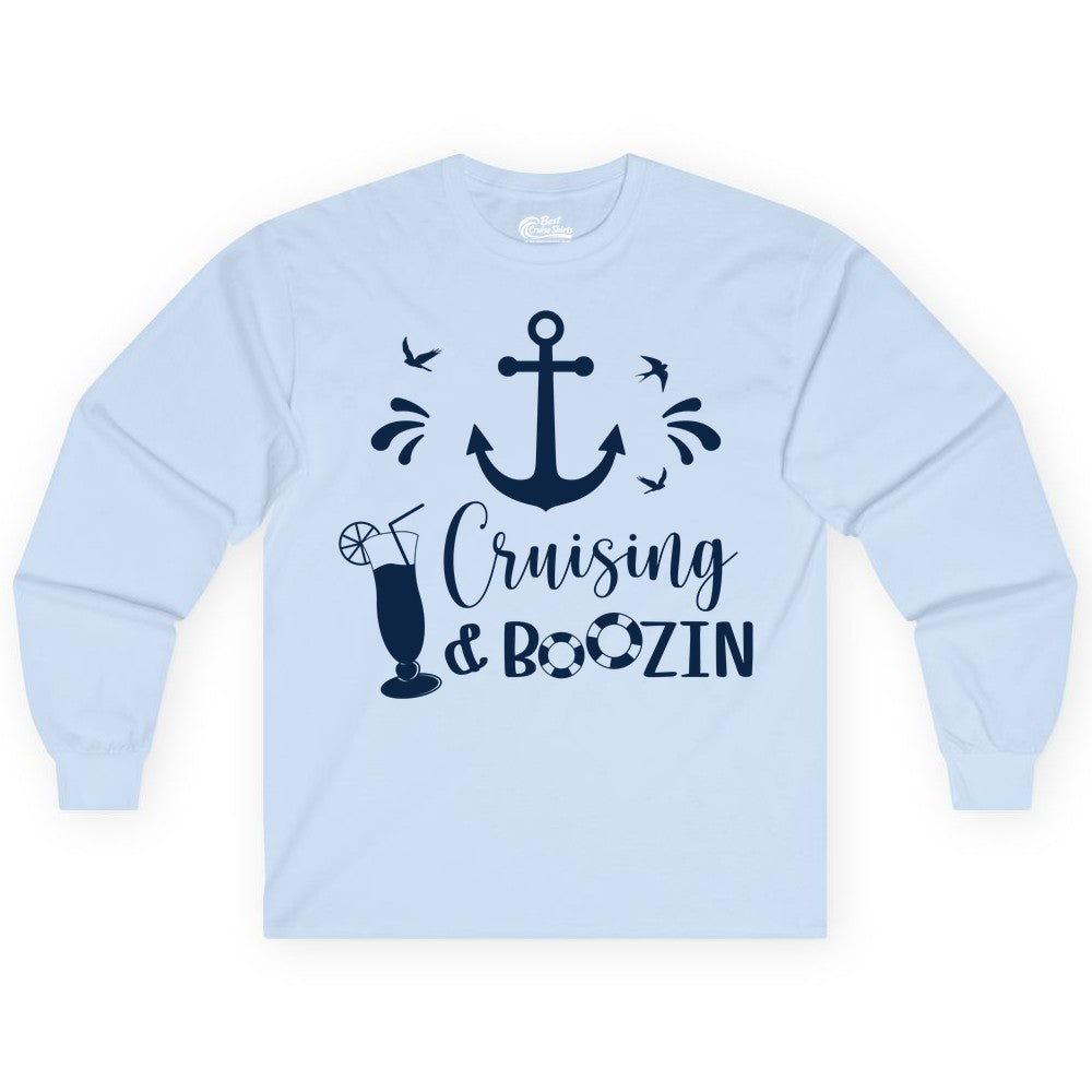 Cruise Drinking Shirt - Funny Nautical Booze Cruise Party Apparel (Long Sleeve) in Light Blue - Cruising and Boozin Nautical Party Shirt with Anchor and Cocktail Art