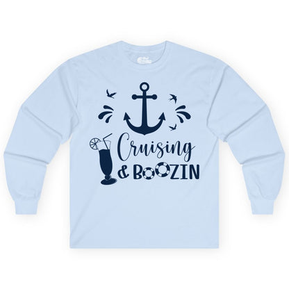 Cruise Drinking Shirt - Funny Nautical Booze Cruise Party Apparel (Long Sleeve) in Light Blue - Cruising and Boozin Nautical Party Shirt with Anchor and Cocktail Art