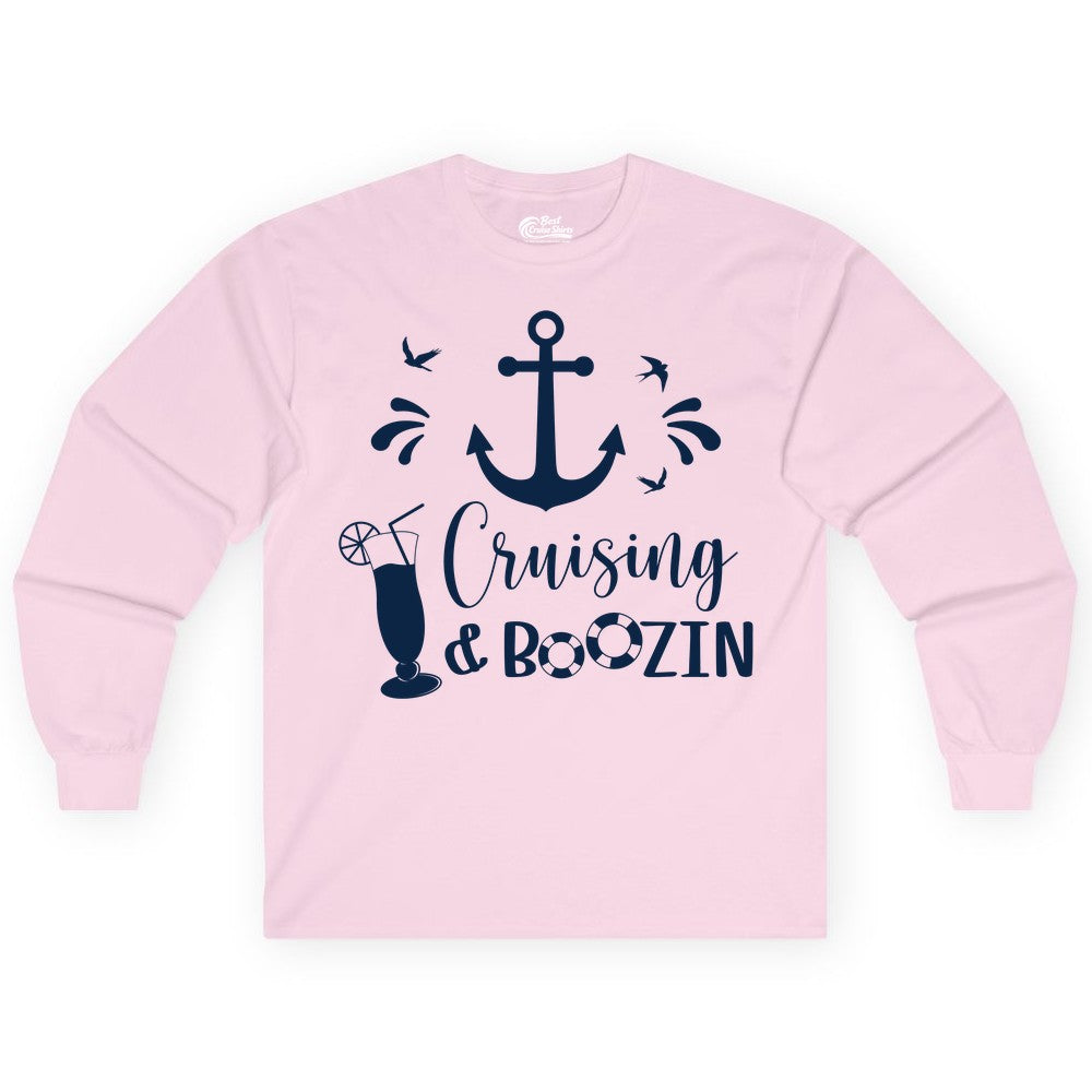 Cruise Drinking Shirt - Funny Nautical Booze Cruise Party Apparel (Long Sleeve) in Light Pink - Cruising and Boozin Nautical Party Shirt with Anchor and Cocktail Art