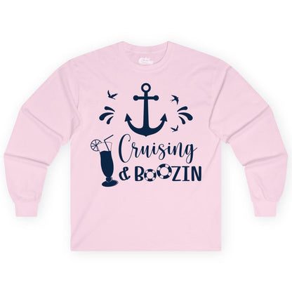 Cruise Drinking Shirt - Funny Nautical Booze Cruise Party Apparel (Long Sleeve) in Light Pink - Cruising and Boozin Nautical Party Shirt with Anchor and Cocktail Art