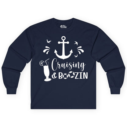 Cruise Drinking Shirt - Funny Nautical Booze Cruise Party Apparel (Long Sleeve) in Navy - Cruising and Boozin Nautical Party Shirt with Anchor and Cocktail Art