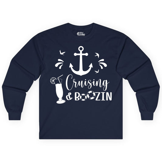 Cruise Drinking Shirt - Funny Nautical Booze Cruise Party Apparel (Long Sleeve) in Navy - Cruising and Boozin Nautical Party Shirt with Anchor and Cocktail Art
