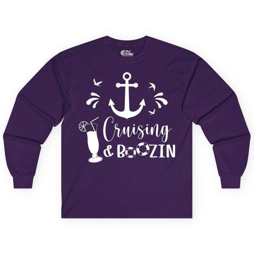 Cruise Drinking Shirt - Funny Nautical Booze Cruise Party Apparel (Long Sleeve) in Purple - Cruising and Boozin Nautical Party Shirt with Anchor and Cocktail Art