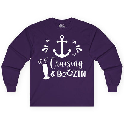 Cruise Drinking Shirt - Funny Nautical Booze Cruise Party Apparel (Long Sleeve) in Purple - Cruising and Boozin Nautical Party Shirt with Anchor and Cocktail Art