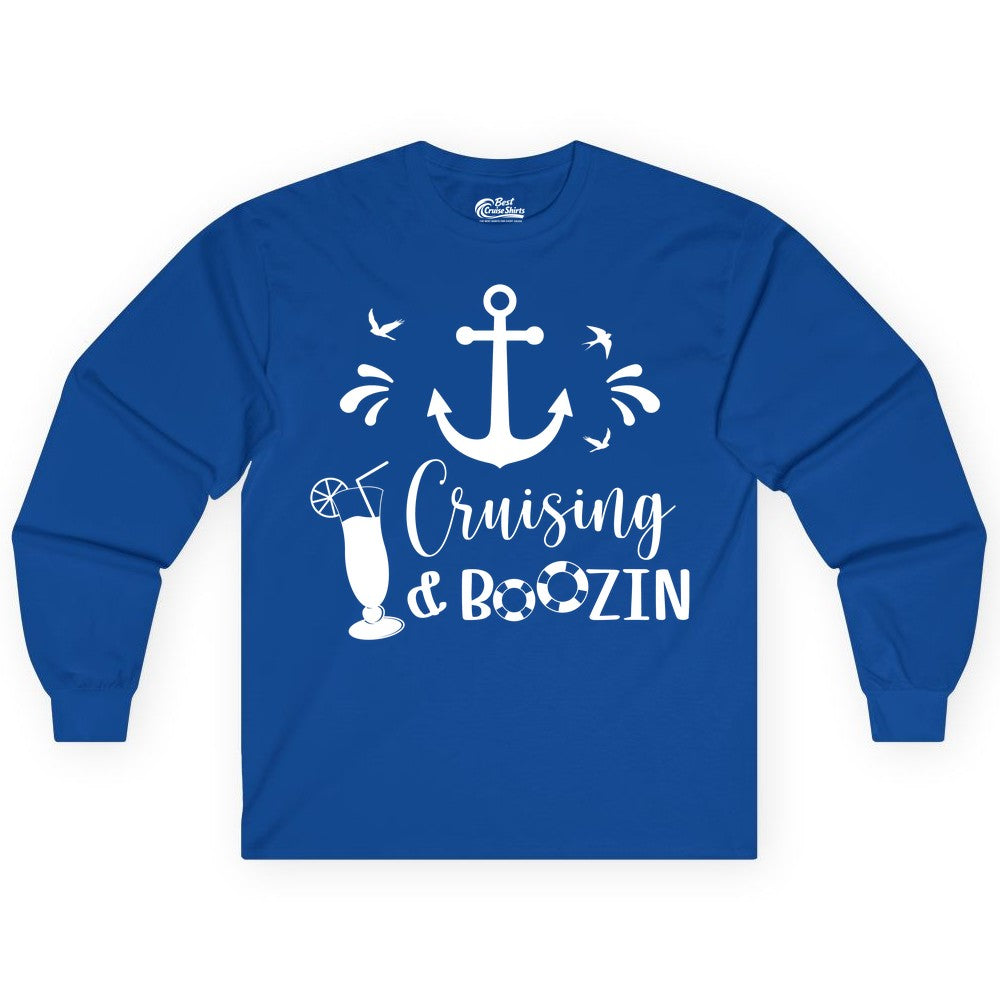 Cruise Drinking Shirt - Funny Nautical Booze Cruise Party Apparel (Long Sleeve) in Royal - Cruising and Boozin Nautical Party Shirt with Anchor and Cocktail Art