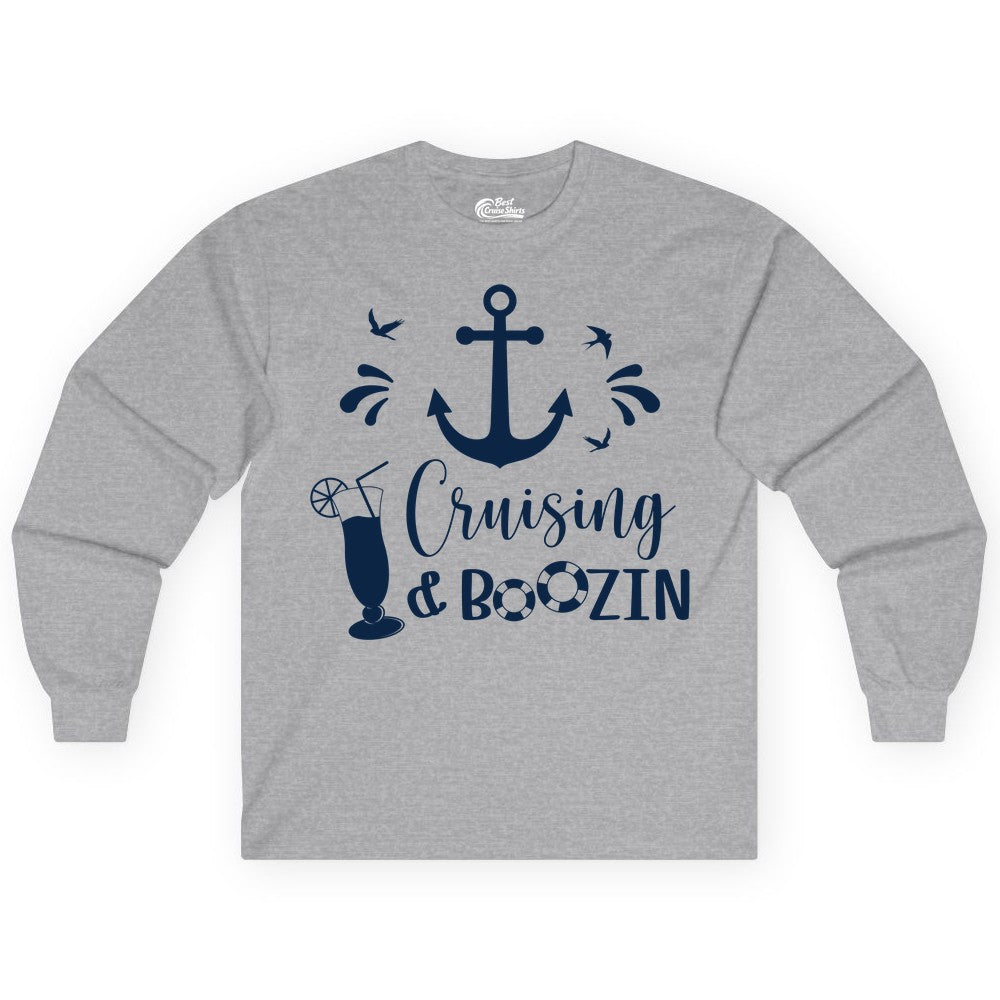 Cruise Drinking Shirt - Funny Nautical Booze Cruise Party Apparel (Long Sleeve) in Sport Grey - Cruising and Boozin Nautical Party Shirt with Anchor and Cocktail Art