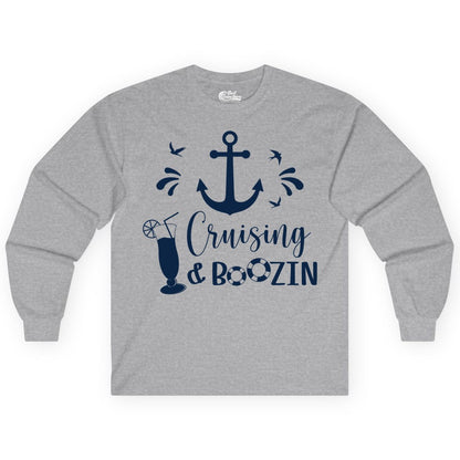 Cruise Drinking Shirt - Funny Nautical Booze Cruise Party Apparel (Long Sleeve) in Sport Grey - Cruising and Boozin Nautical Party Shirt with Anchor and Cocktail Art