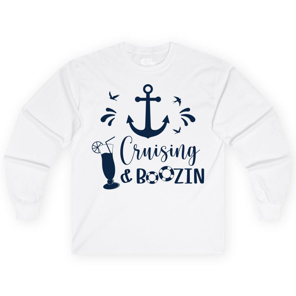 Cruise Drinking Shirt - Funny Nautical Booze Cruise Party Apparel (Long Sleeve) in White - Cruising and Boozin Nautical Party Shirt with Anchor and Cocktail Art