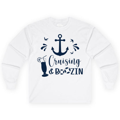 Cruise Drinking Shirt - Funny Nautical Booze Cruise Party Apparel (Long Sleeve) in White - Cruising and Boozin Nautical Party Shirt with Anchor and Cocktail Art