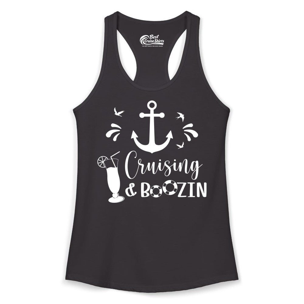 Cruise Drinking Shirt - Funny Nautical Booze Cruise Party Apparel (Ladies Tank) in Black - Cruising and Boozin Nautical Party Shirt with Anchor and Cocktail Art