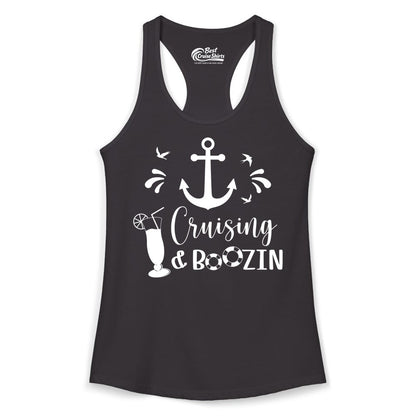 Cruise Drinking Shirt - Funny Nautical Booze Cruise Party Apparel (Ladies Tank) in Black - Cruising and Boozin Nautical Party Shirt with Anchor and Cocktail Art