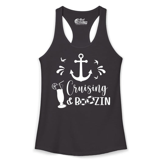 Cruise Drinking Shirt - Funny Nautical Booze Cruise Party Apparel (Ladies Tank) in Black - Cruising and Boozin Nautical Party Shirt with Anchor and Cocktail Art