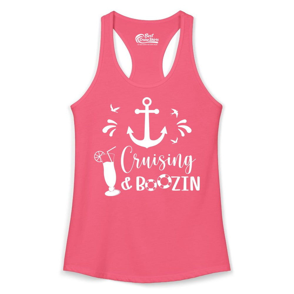 Cruise Drinking Shirt - Funny Nautical Booze Cruise Party Apparel (Ladies Tank) in Hot Pink - Cruising and Boozin Nautical Party Shirt with Anchor and Cocktail Art