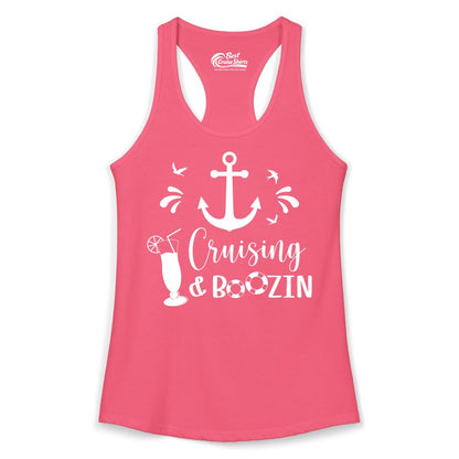 Cruise Drinking Shirt - Funny Nautical Booze Cruise Party Apparel (Ladies Tank) in Hot Pink - Cruising and Boozin Nautical Party Shirt with Anchor and Cocktail Art