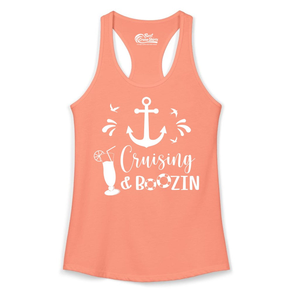 Cruise Drinking Shirt - Funny Nautical Booze Cruise Party Apparel (Ladies Tank) in Solid Light Orange - Cruising and Boozin Nautical Party Shirt with Anchor and Cocktail Art