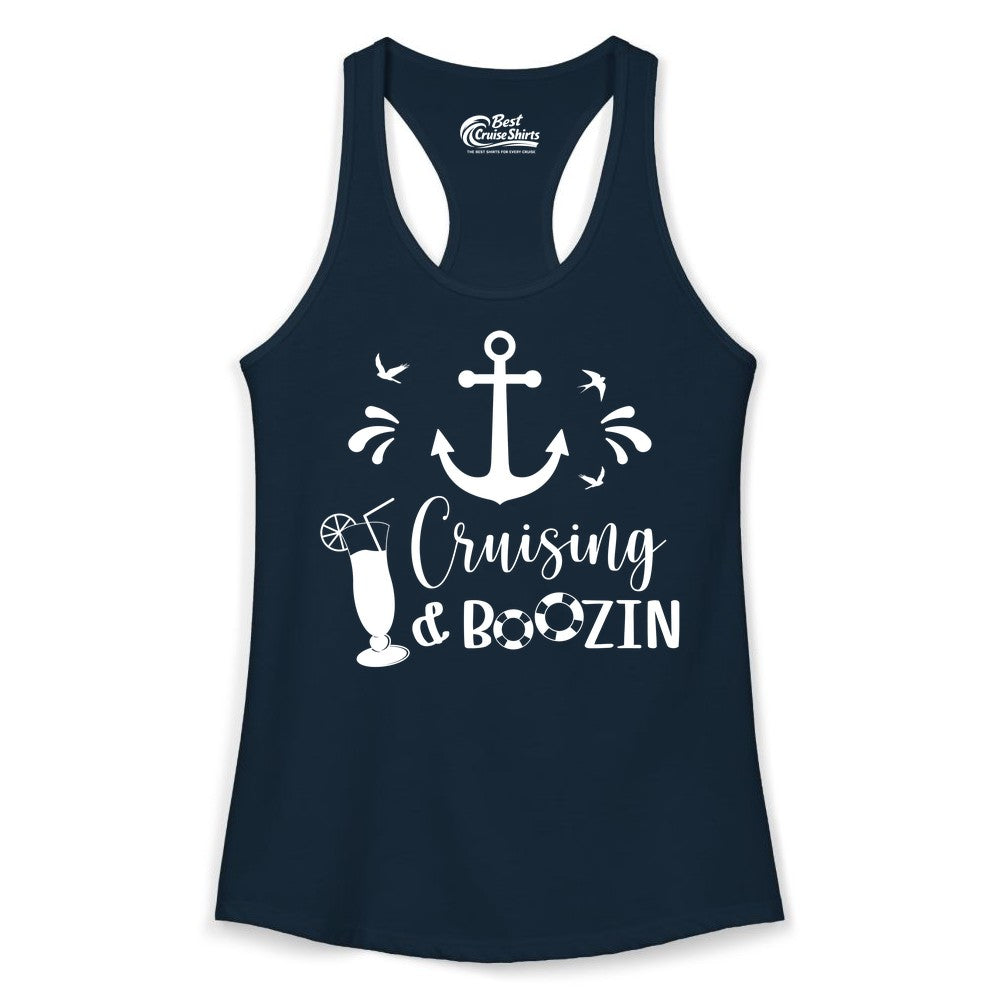 Cruise Drinking Shirt - Funny Nautical Booze Cruise Party Apparel (Ladies Tank) in Solid Midnight Navy - Cruising and Boozin Nautical Party Shirt with Anchor and Cocktail Art