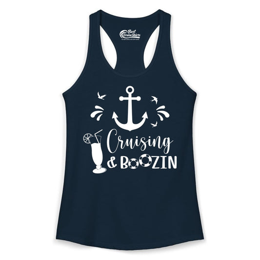 Cruise Drinking Shirt - Funny Nautical Booze Cruise Party Apparel (Ladies Tank) in Solid Midnight Navy - Cruising and Boozin Nautical Party Shirt with Anchor and Cocktail Art