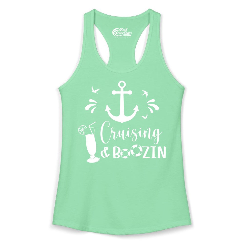 Cruise Drinking Shirt - Funny Nautical Booze Cruise Party Apparel (Ladies Tank) in Solid Mint - Cruising and Boozin Nautical Party Shirt with Anchor and Cocktail Art