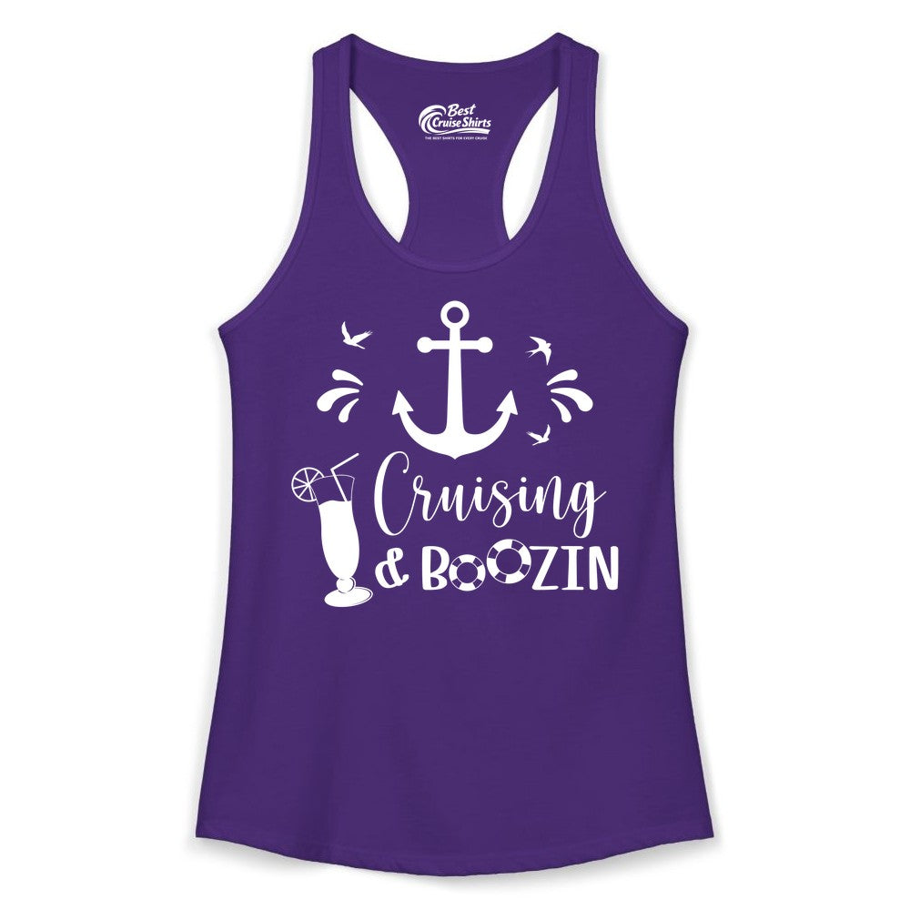 Cruise Drinking Shirt - Funny Nautical Booze Cruise Party Apparel (Ladies Tank) in Solid Purple Rush - Cruising and Boozin Nautical Party Shirt with Anchor and Cocktail Art