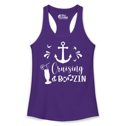 Cruise Drinking Shirt - Funny Nautical Booze Cruise Party Apparel (Ladies Tank) in Solid Purple Rush - Cruising and Boozin Nautical Party Shirt with Anchor and Cocktail Art
