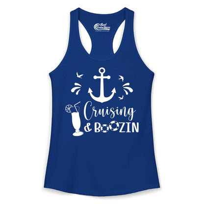 Cruise Drinking Shirt - Funny Nautical Booze Cruise Party Apparel (Ladies Tank) in Solid Royal - Cruising and Boozin Nautical Party Shirt with Anchor and Cocktail Art